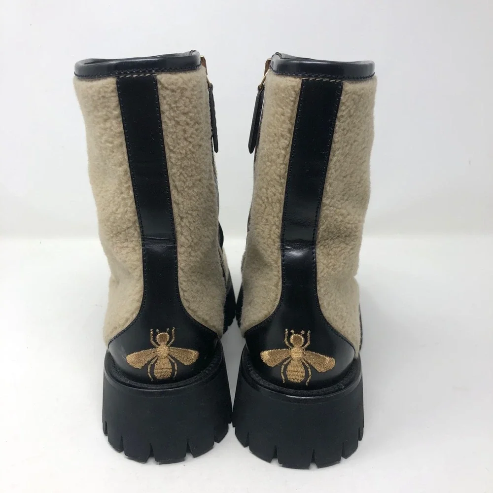 Gucci Ankle Shearling Combat‎ Boot Horsebit Womens 37.5 US 7.5 Beige Designer